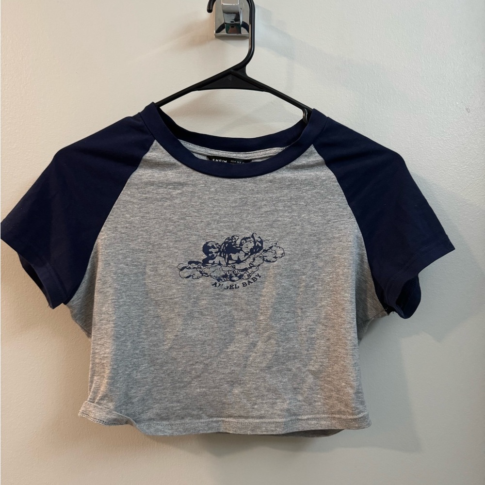 Gray and Navy Graphic Crop Top